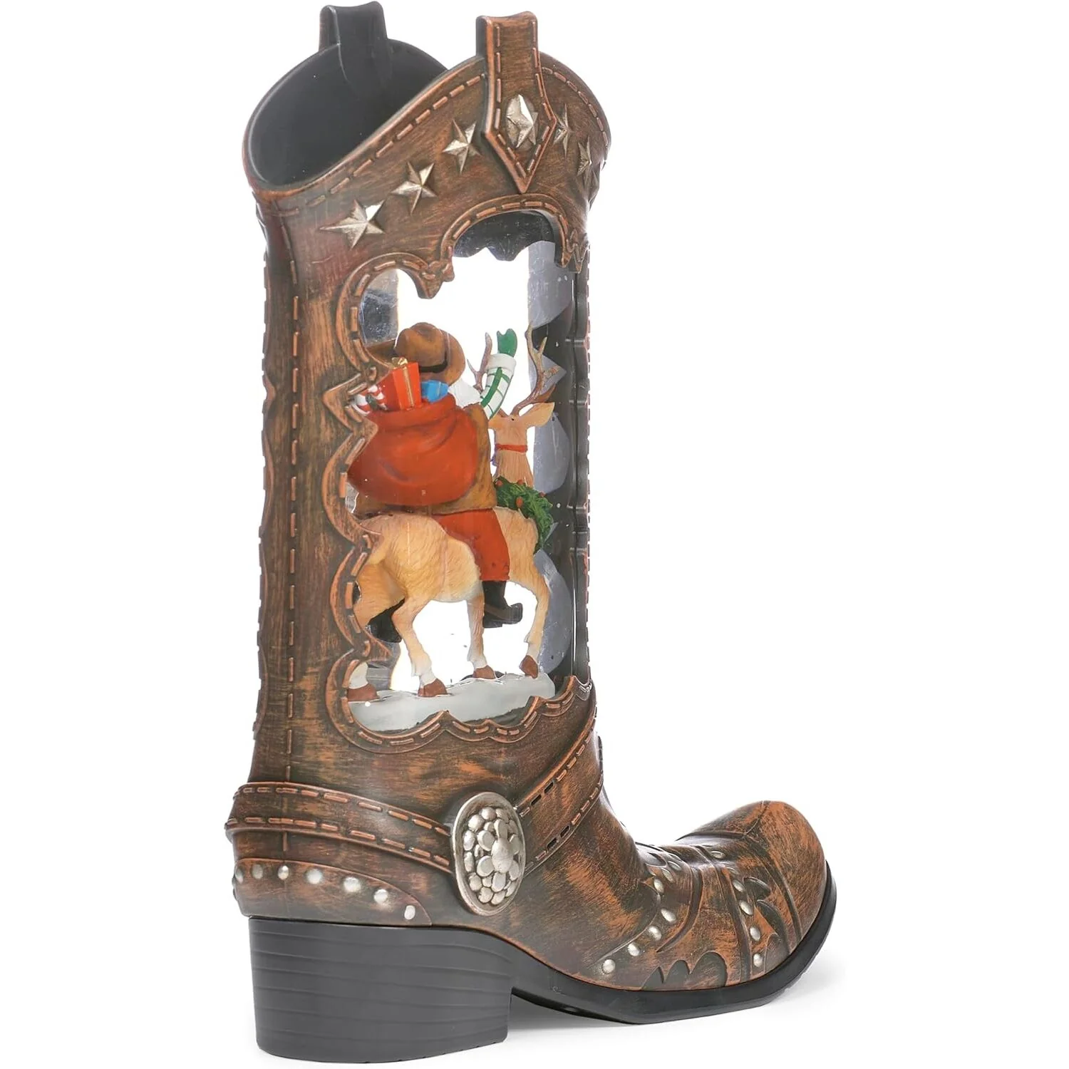 Lighted Swirl Boot w/ Santa Riding a Deer Snow Globe, 10" - Image 4
