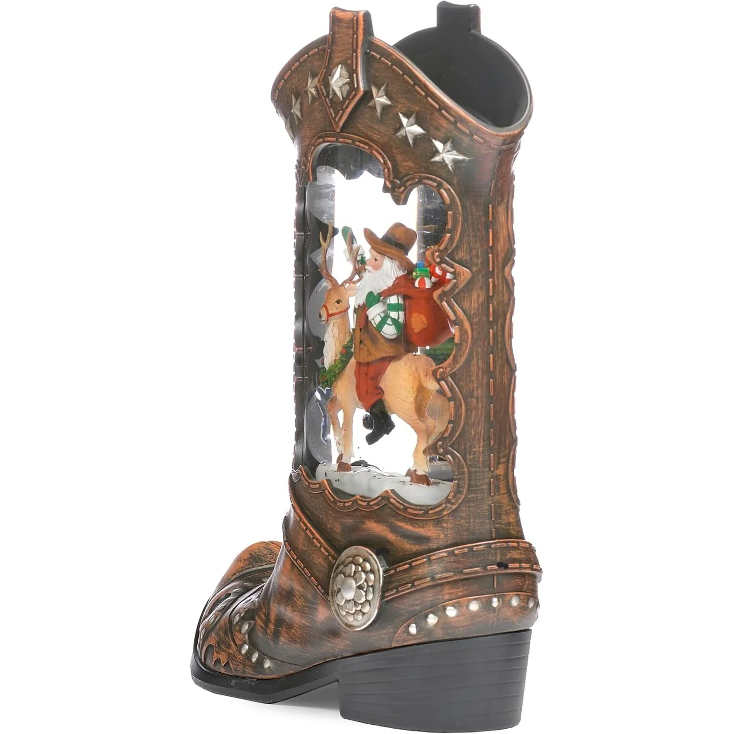 Lighted Swirl Boot w/ Santa Riding a Deer Snow Globe, 10" - Image 5