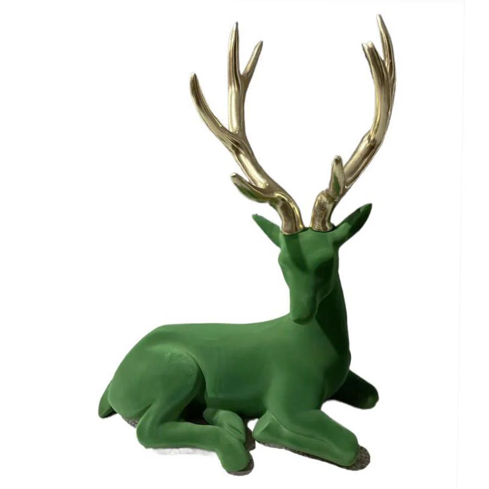 Lying Reindeer w/Golden Antlers Figure, 40.5" (Green)