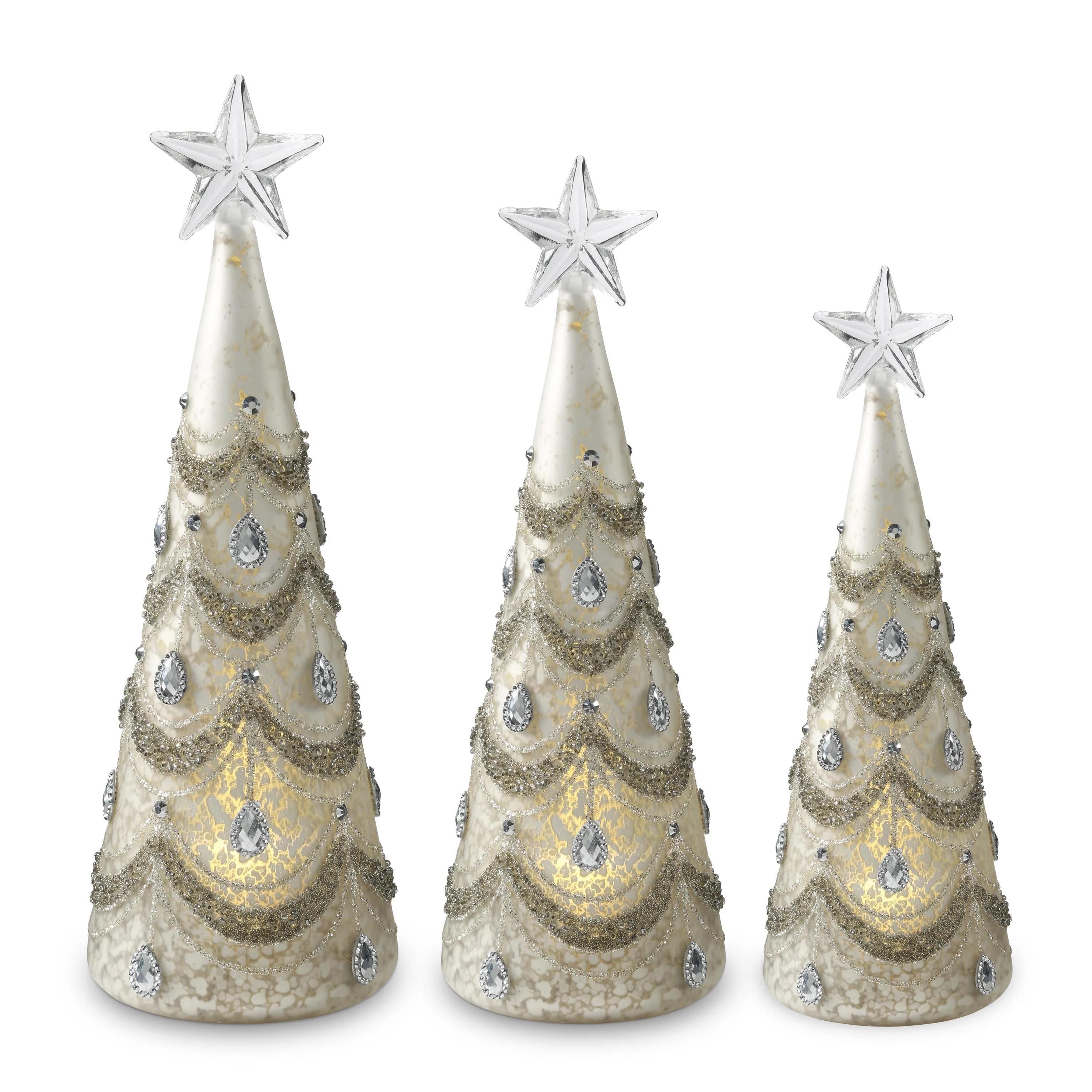 Mercury Glass Silver Jeweled LED Trees w/ Timer, 11.5" (Set of 3)