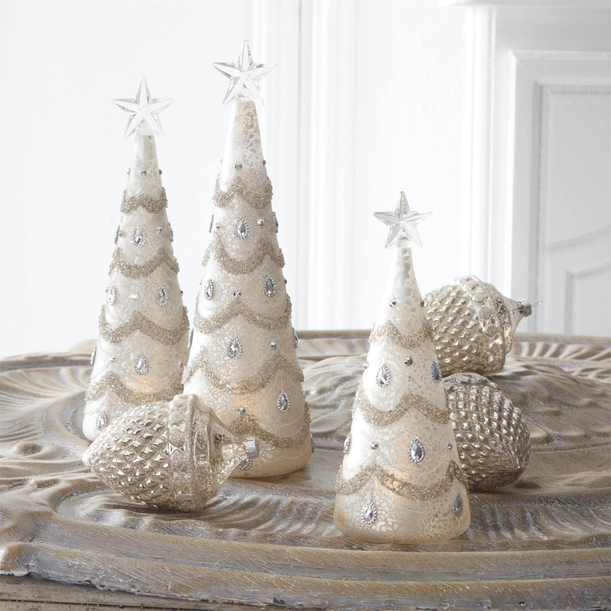 Mercury Glass Silver Jeweled LED Trees w/ Timer, 11.5" (Set of 3) - Image 2