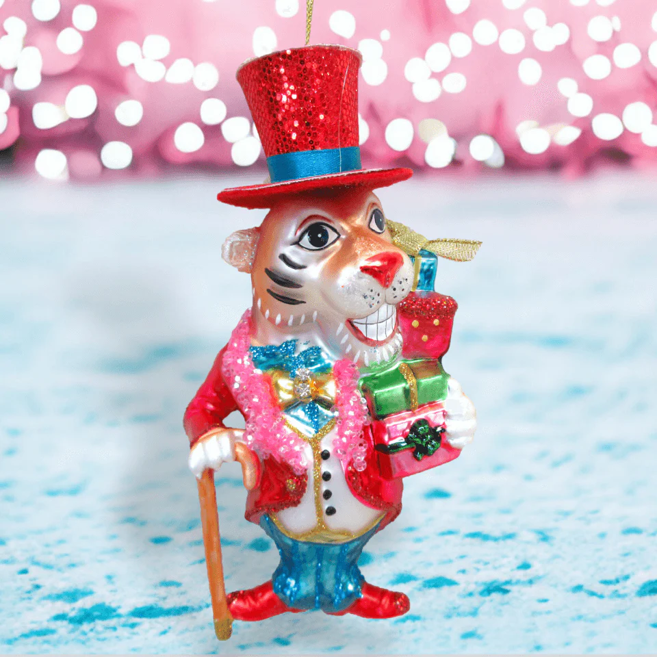 Mr Tiger w/ Gifts Glass Ornament