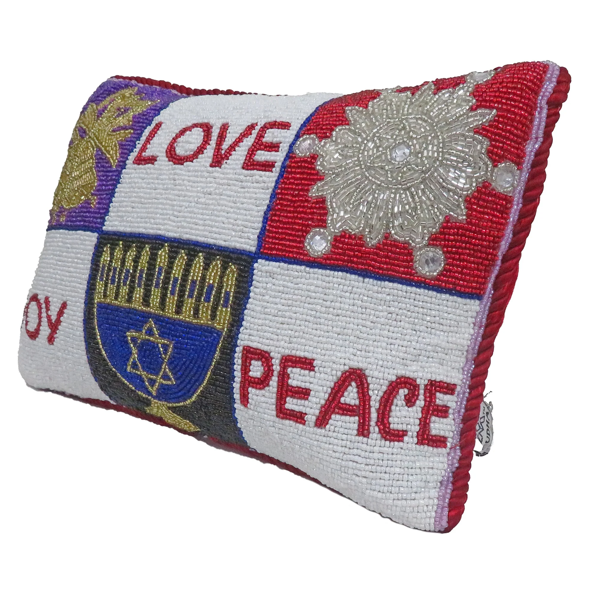 Multi Denominational "Love, Joy, Peace" Beaded Pillow, 8 x 12" - Image 2