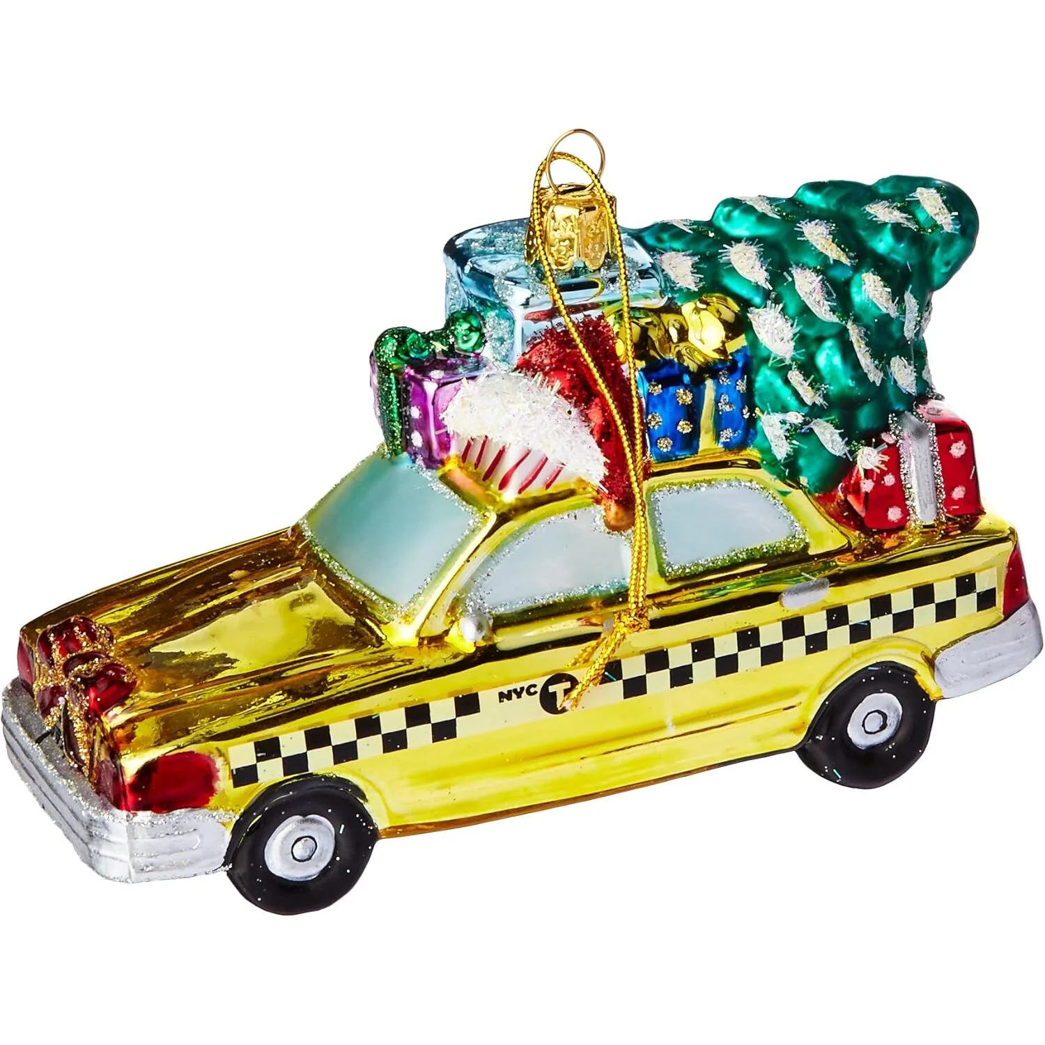 New York City Checker Taxi With Tree Glass Ornament, 5.35"