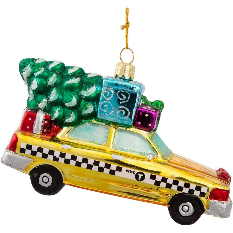 New York City Checker Taxi With Tree Glass Ornament, 5.35" - Image 2