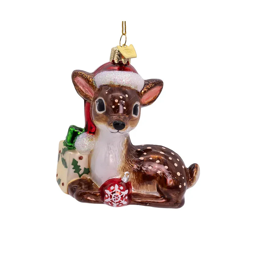 Noble Gems™ Glass Nostalgic Reindeer With Santa Hat & Gift Box Ornament