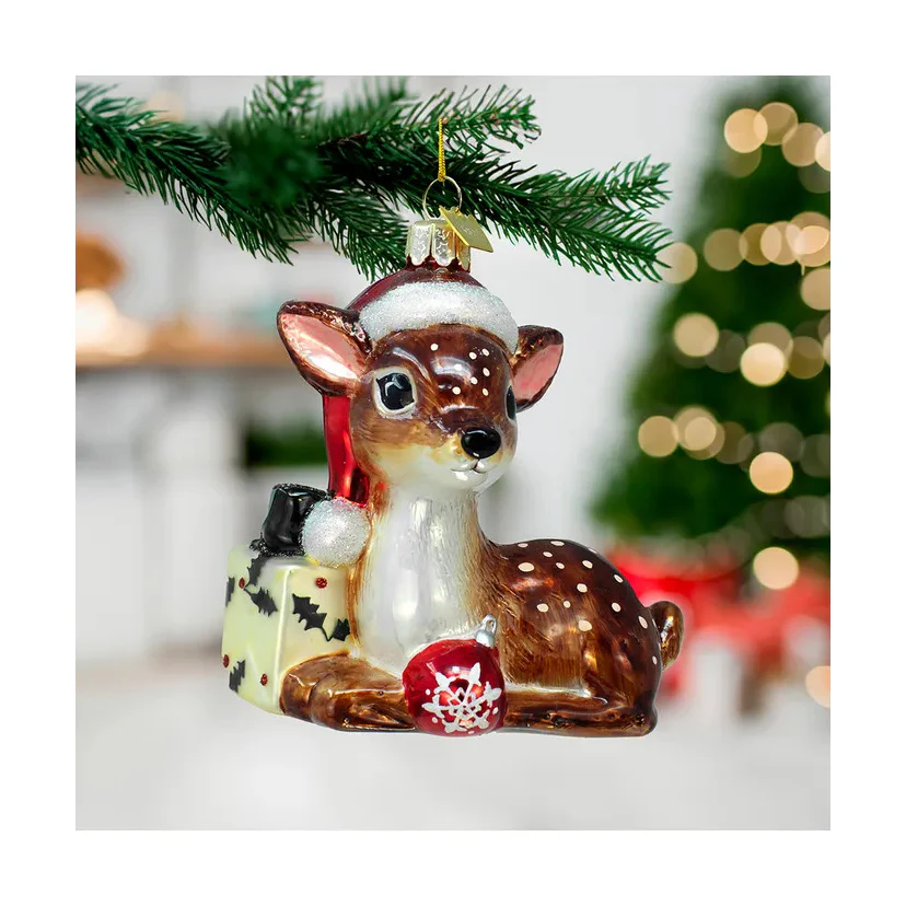 Noble Gems™ Glass Nostalgic Reindeer With Santa Hat & Gift Box Ornament - Image 2