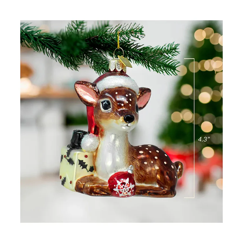 Noble Gems™ Glass Nostalgic Reindeer With Santa Hat & Gift Box Ornament - Image 3