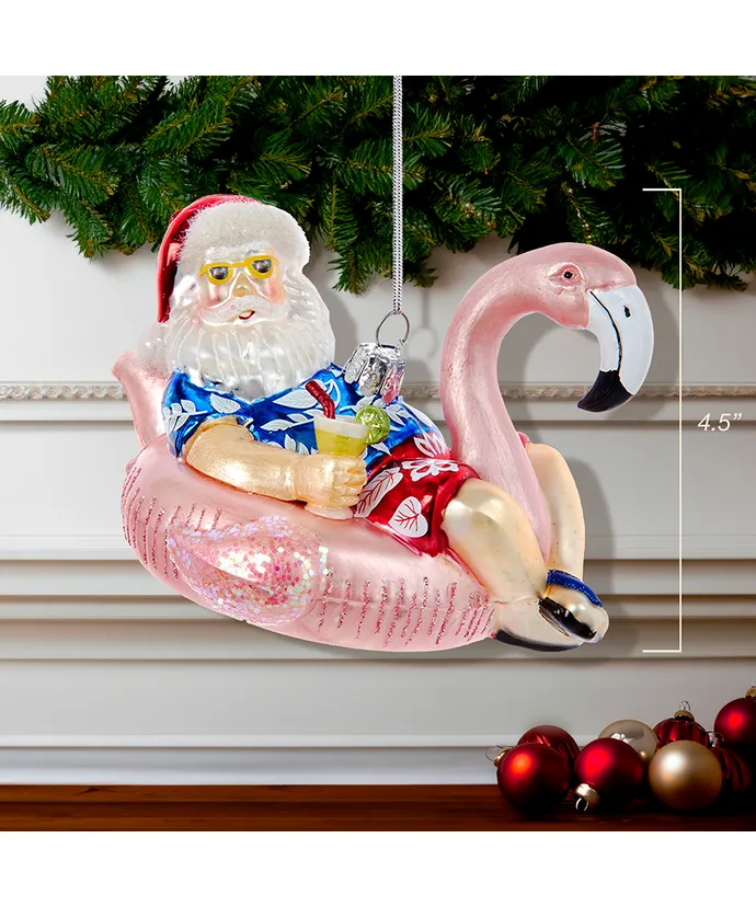 Noble Gemsâ„¢ Glass Santa In Flamingo Pool Float Ornament - Image 2