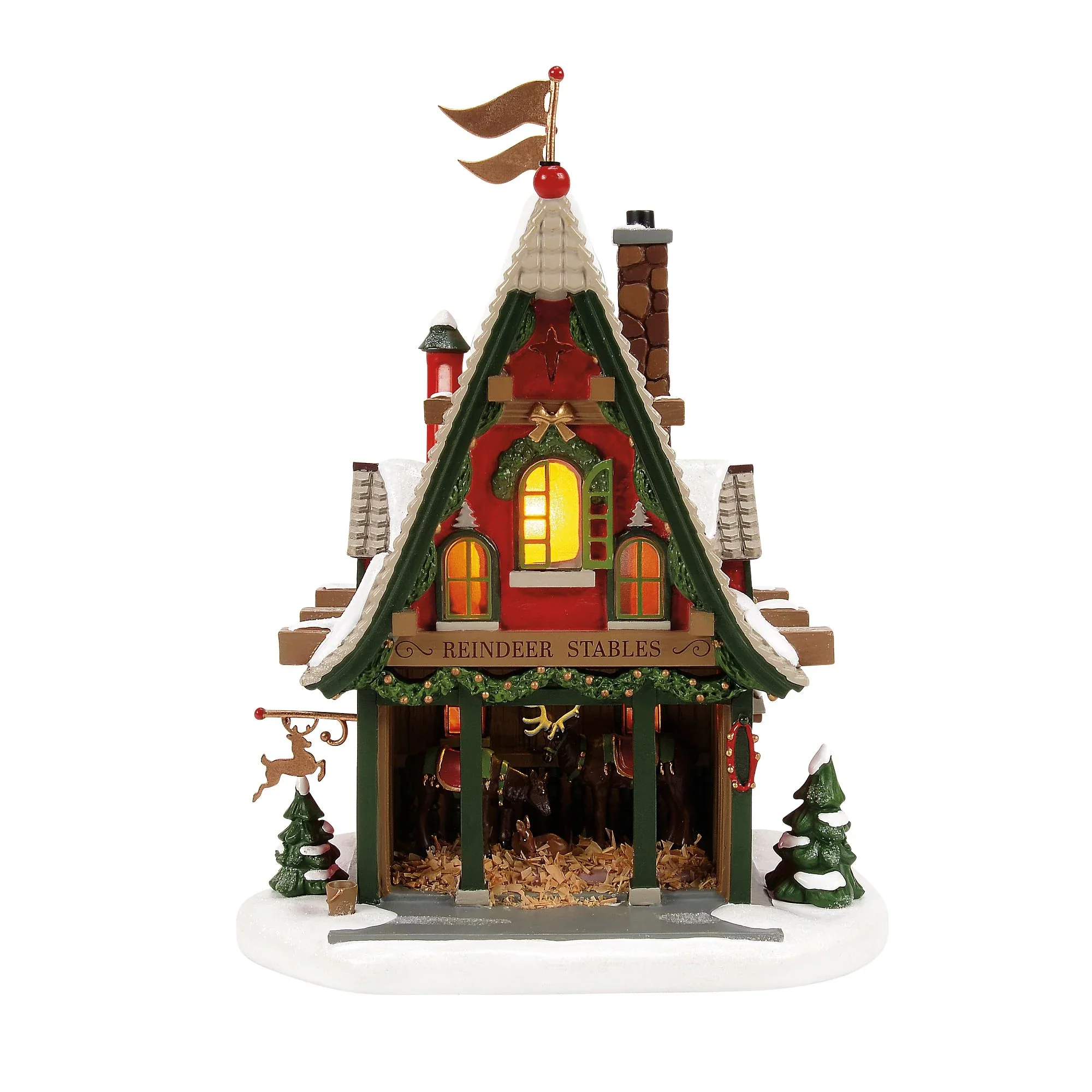 North Pole Series Village - Lighted 50th Reindeer Acres Stable Figurine, 8"