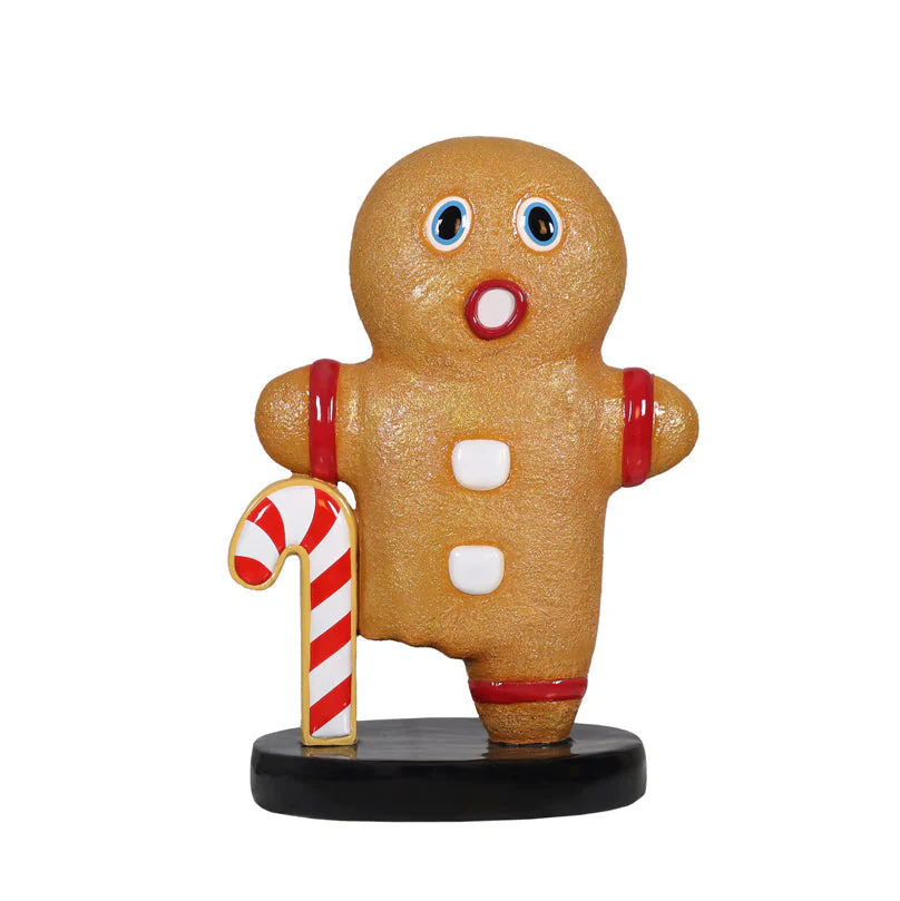 Large Fiberglass One Leg Gingerbread Holding Candy Cane Figure, 36"