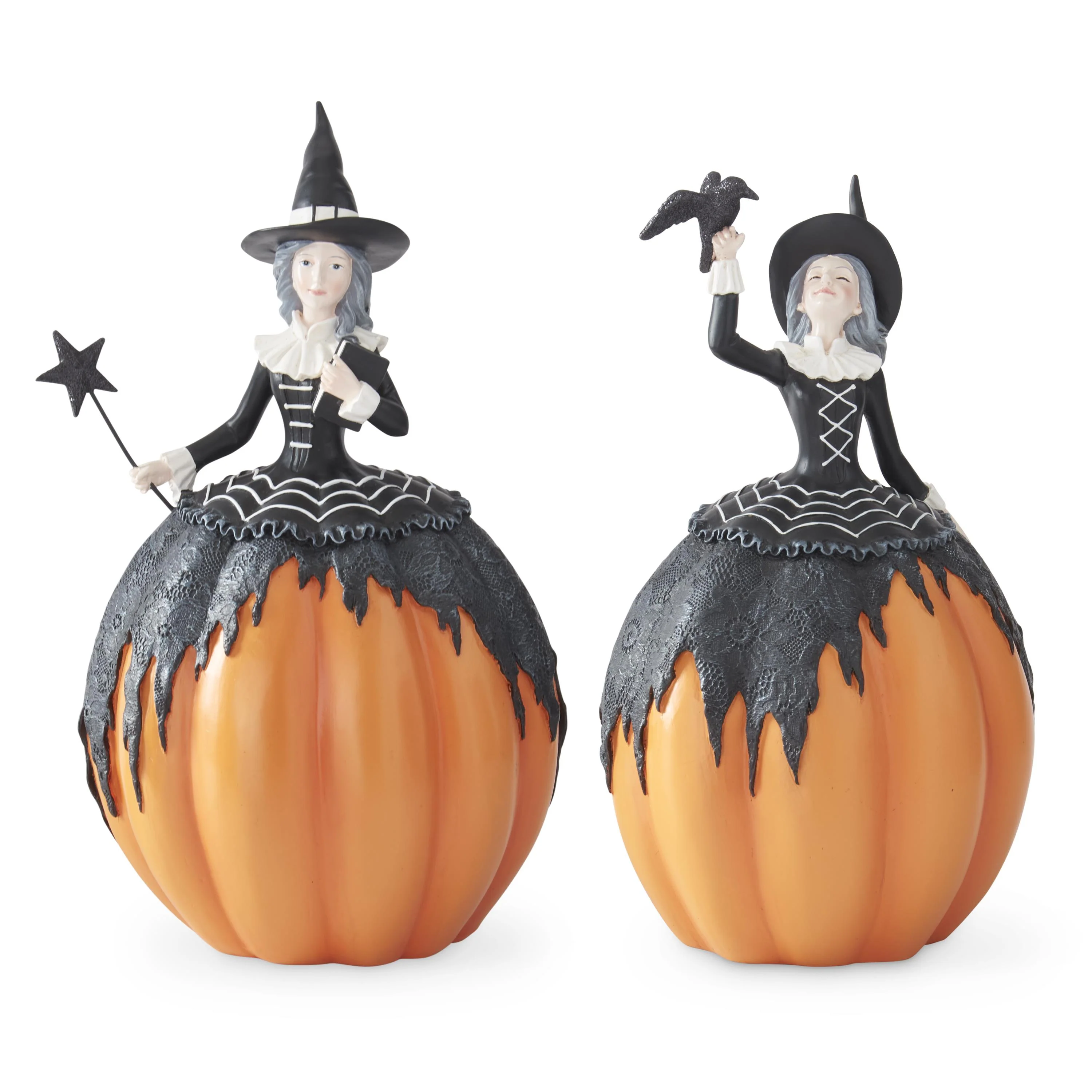 Orange & Black Resin Pumpkin Witches w/Crow, 14.75" (Set of 2)