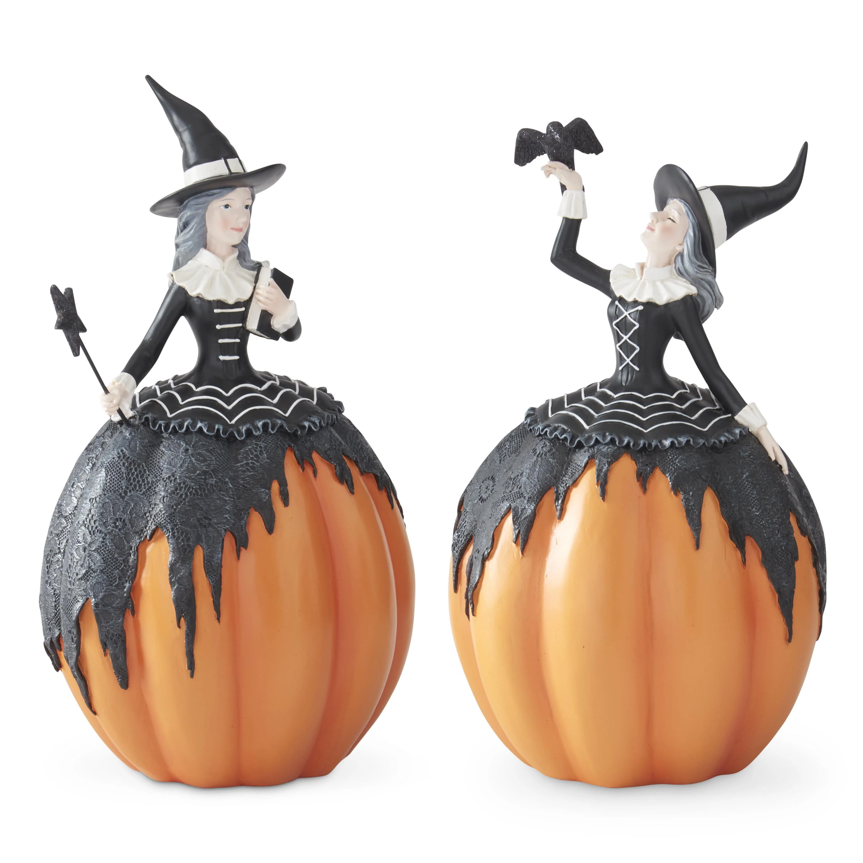 Orange & Black Resin Pumpkin Witches w/Crow, 14.75" (Set of 2) - Image 2