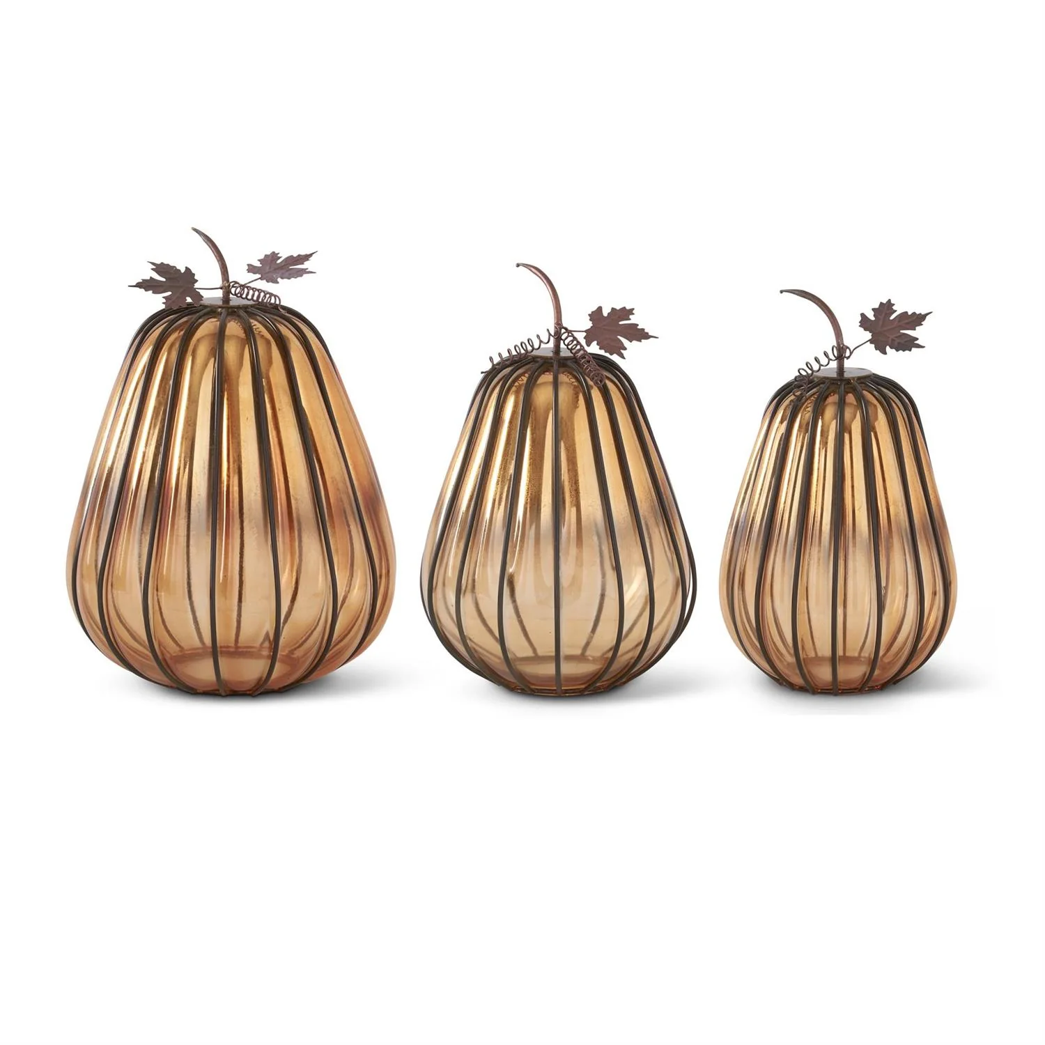 Orange Glass Pumpkin w/Dark Metal Stems (Set of 3) - Image 2