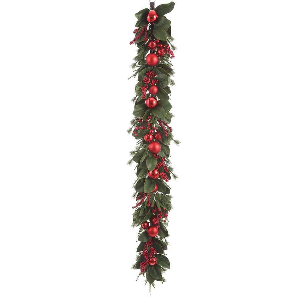 Ornament Ball/Berry/Pine Garland, 6' (Red Green)