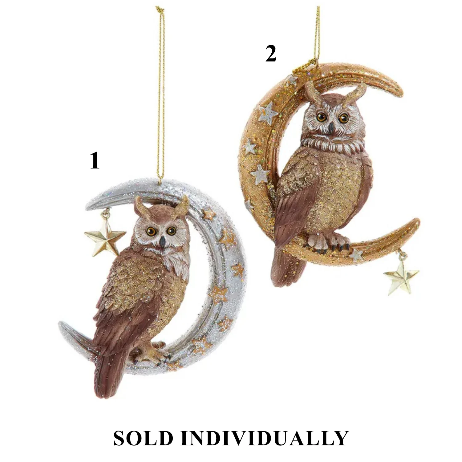 Owl On Gold & Silver Moon Ornaments, 4" (2 styles - sold individually)