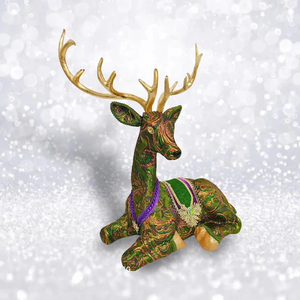 Peacock Deer Laying Down Figurine, 19"