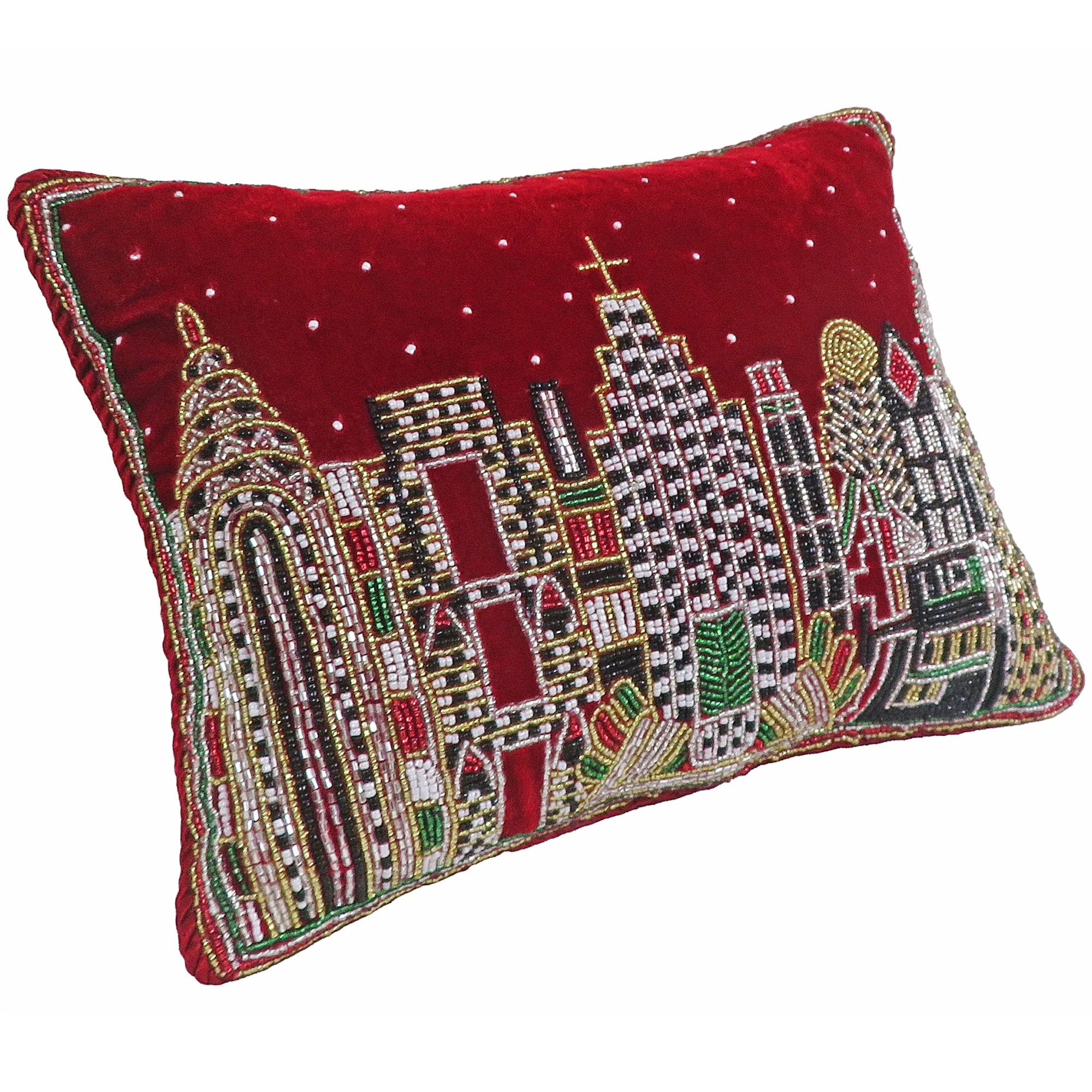 Pillow Red Velvet W/ Beaded NYC Skyline, 9" x 12" - Image 2