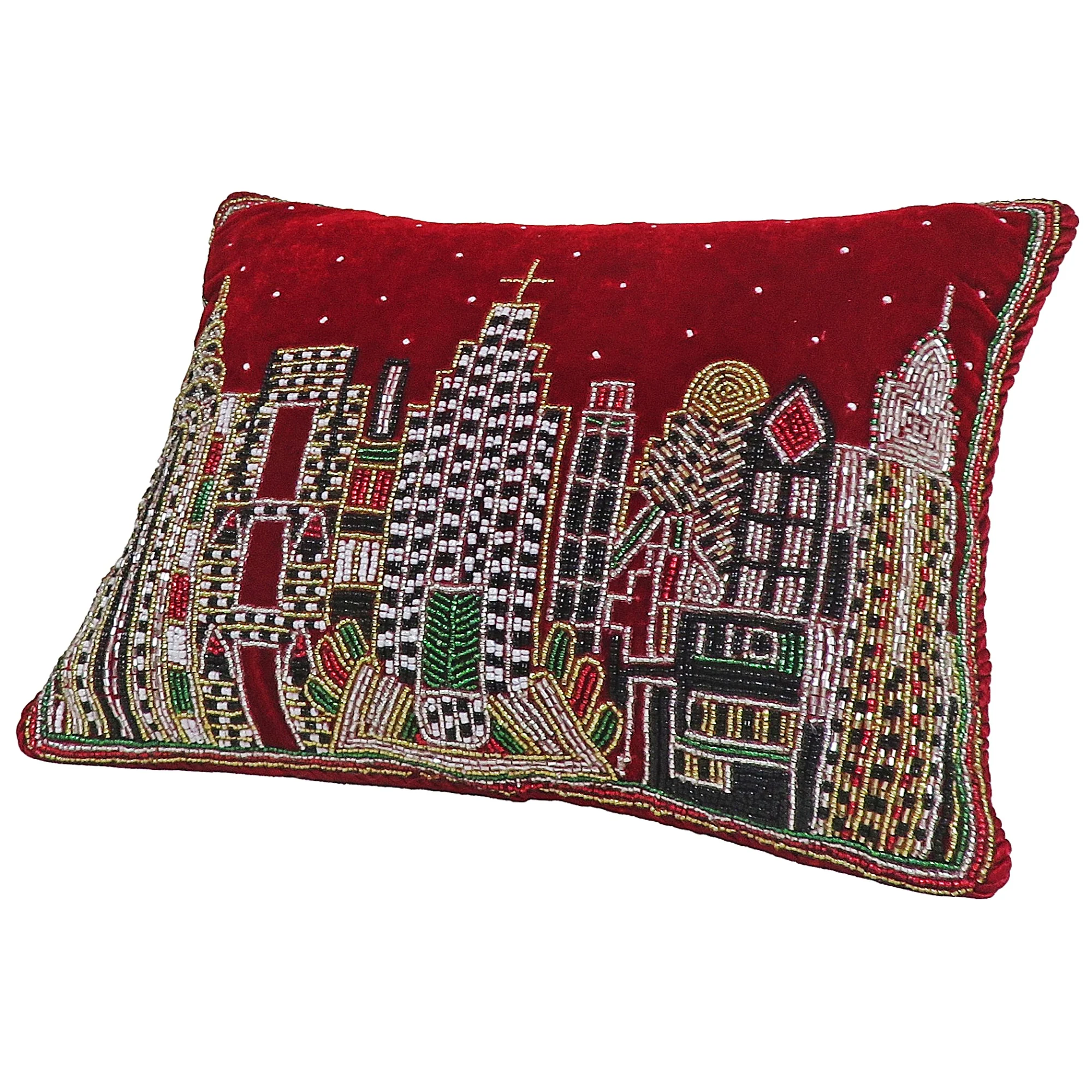 Pillow Red Velvet W/ Beaded NYC Skyline, 9" x 12" - Image 3
