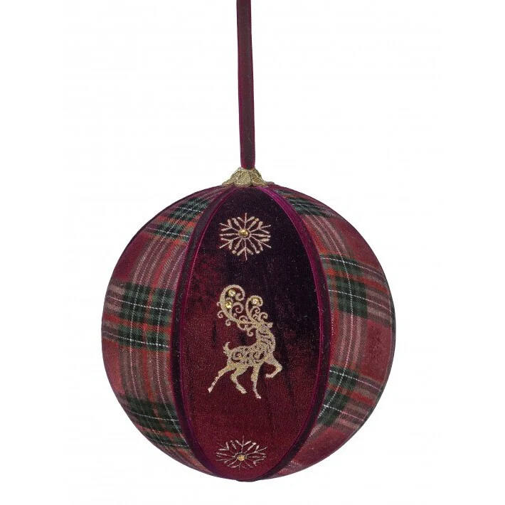 Plaid Deer Velvet Ball Ornament, 8" (Burgundy)