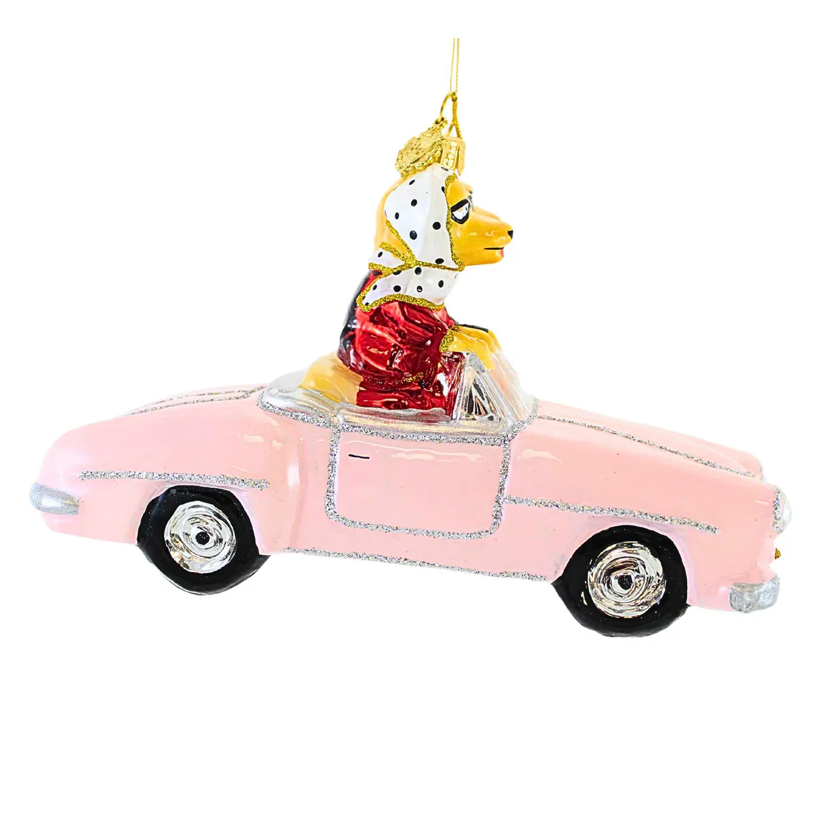 Pups In Pink Cabrio Glass Ornament, 3.75" - Image 2