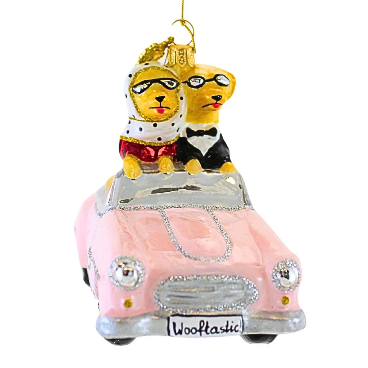 Pups In Pink Cabrio Glass Ornament, 3.75" - Image 3