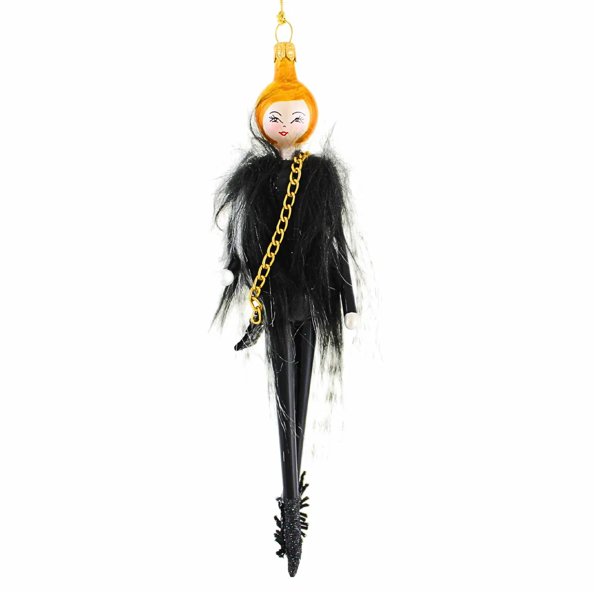 Raegan Lady in Fur Vest Glass Ornament, 6.75"