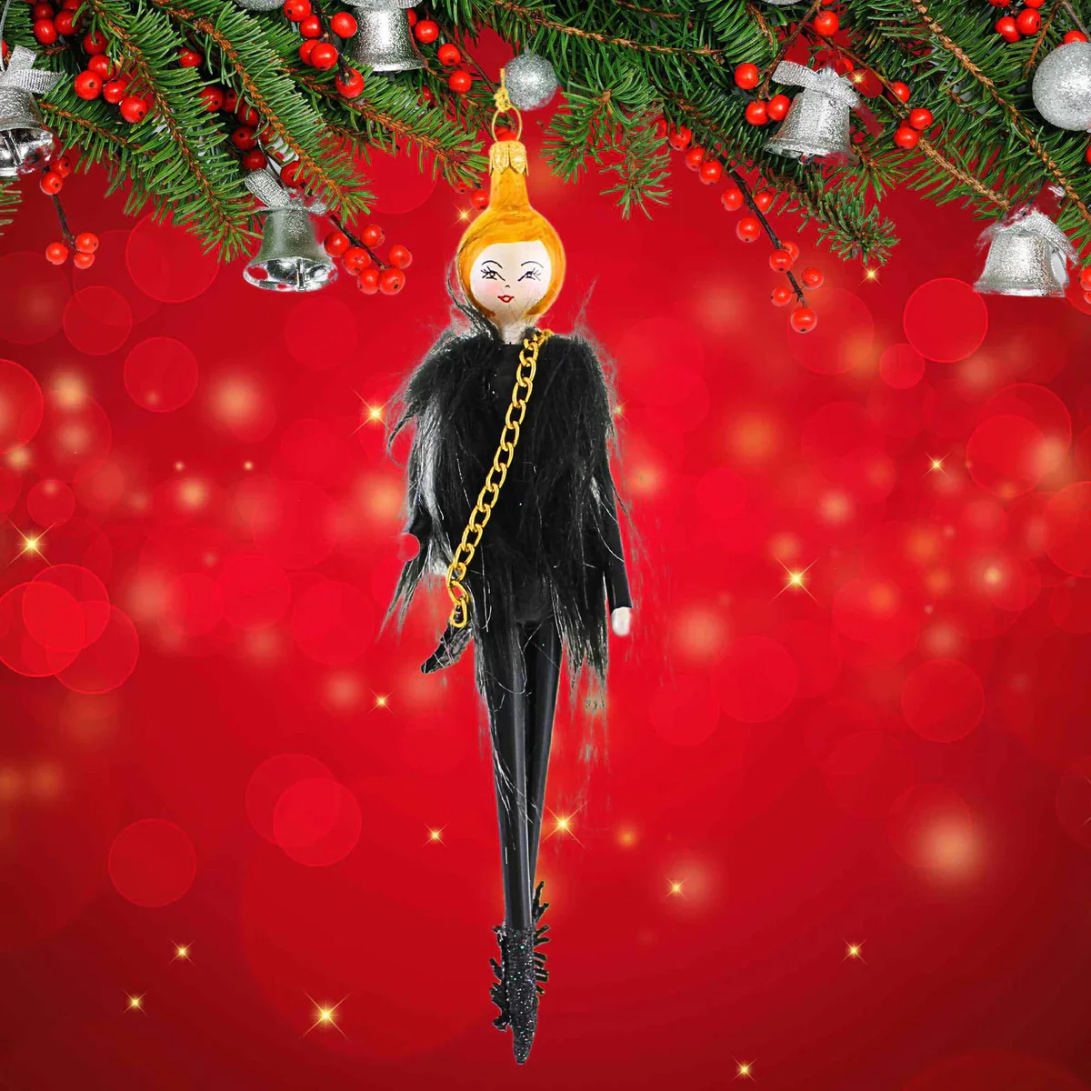 Raegan Lady in Fur Vest Glass Ornament, 6.75" - Image 2