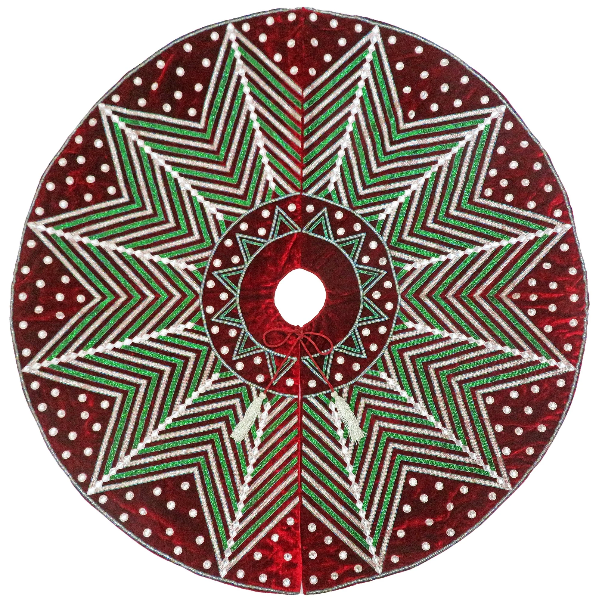 Red/Silver/Green Tree Skirt W/ Beaded Star Pattern & Crystals, 60" - Image 2