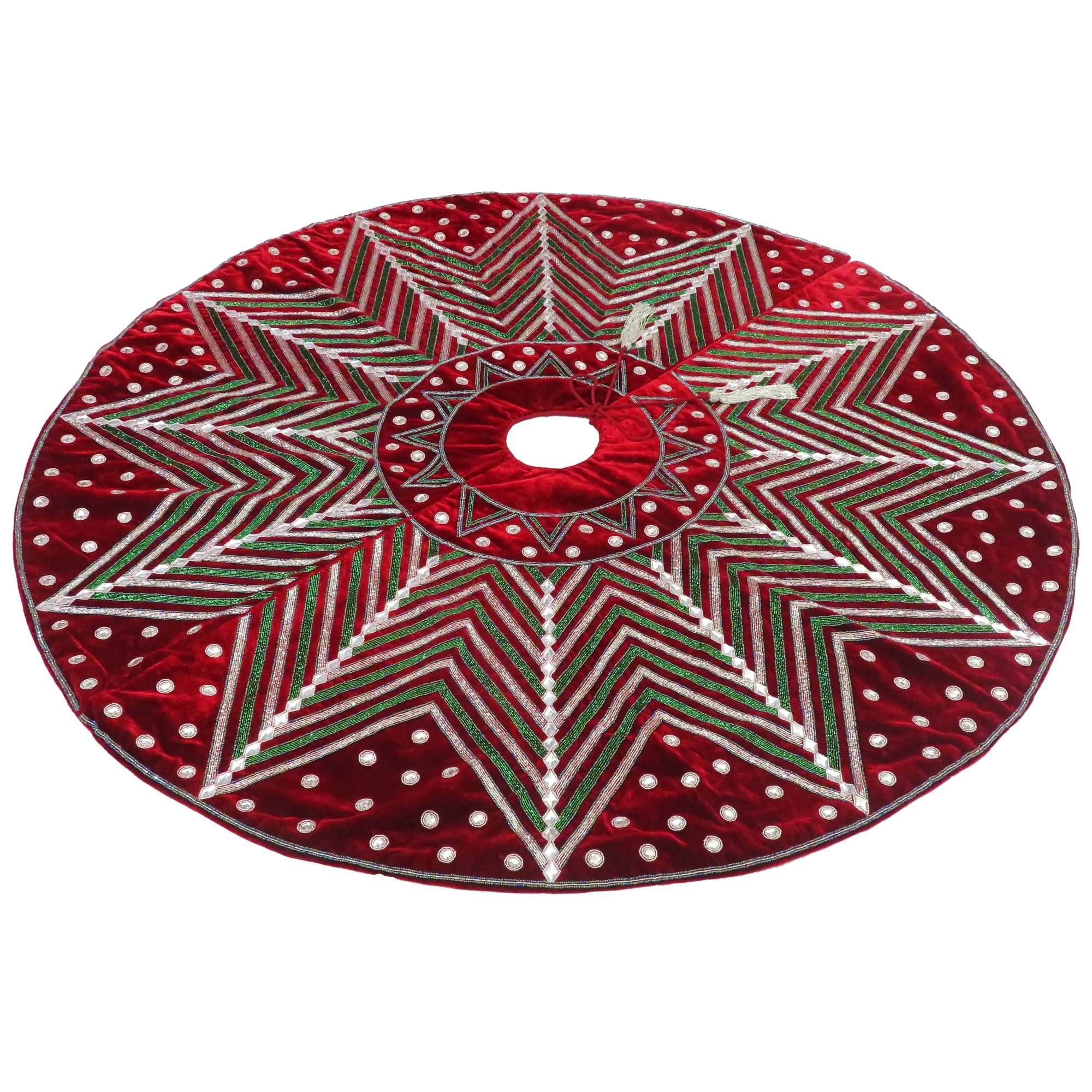 Red/Silver/Green Tree Skirt W/ Beaded Star Pattern & Crystals, 60" - Image 3