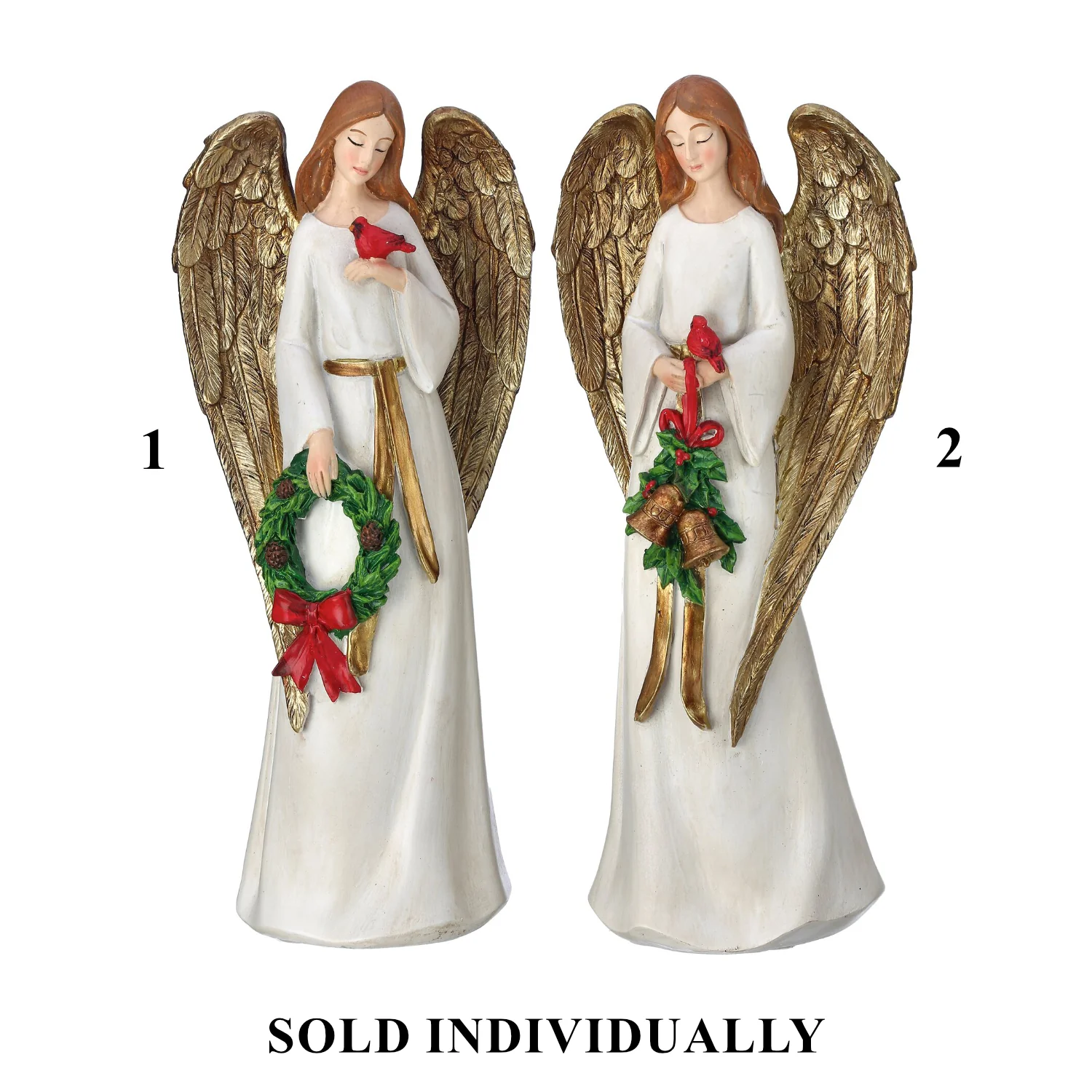 Resin Angel w/Cardinal & Wreath/Bells, 12" (2 styles - sold individually)