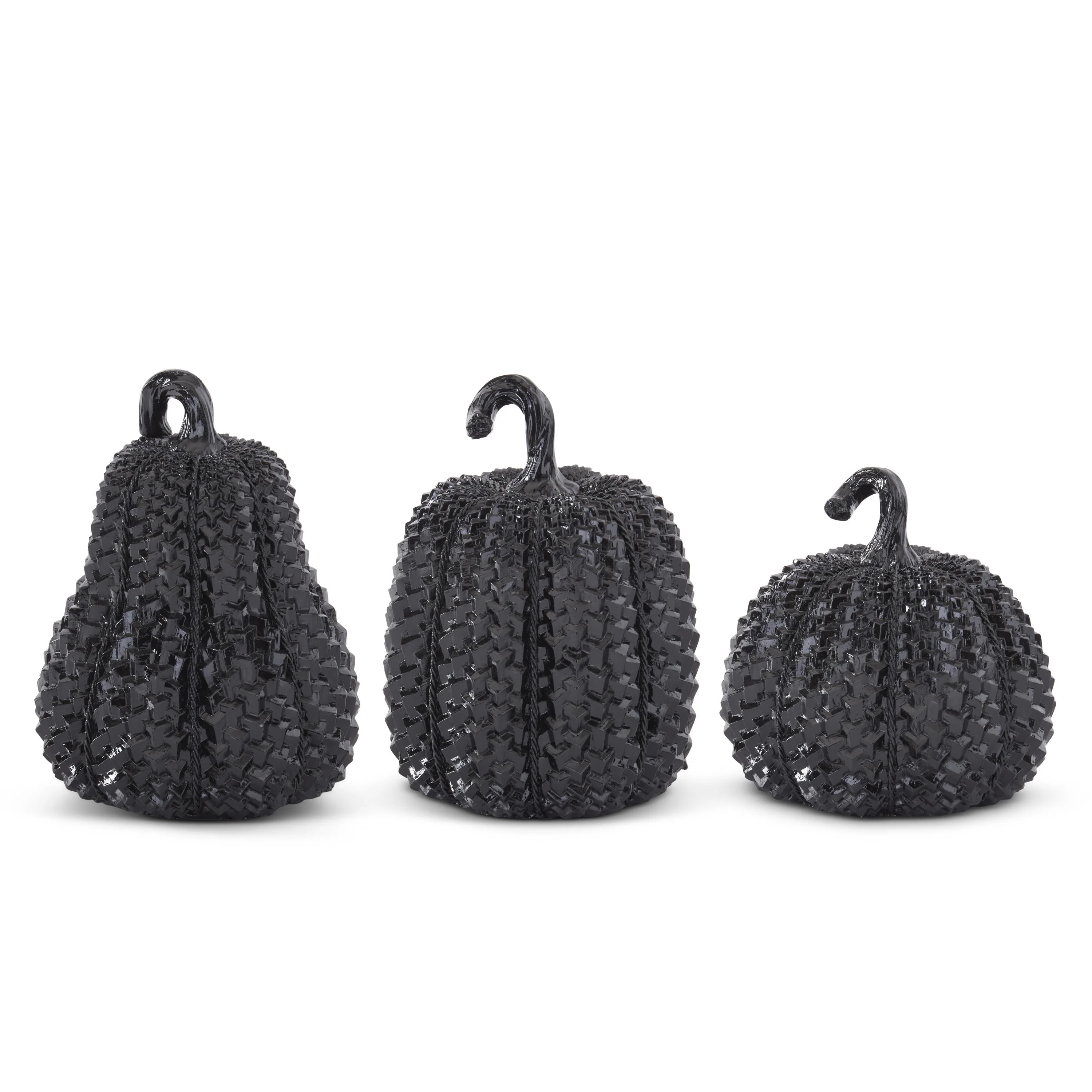 Resin Black Glossy Embossed Pumpkins (Set of 3)