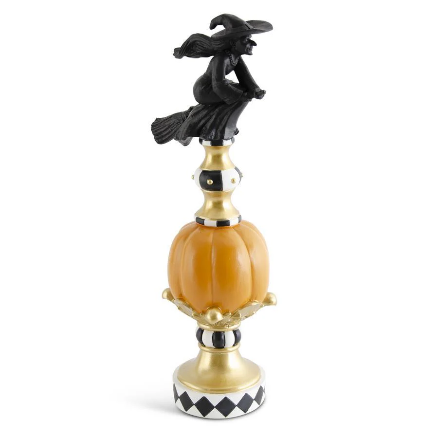 Resin Black White Orange & Gold Finial w/ Witch Top, 17.75"