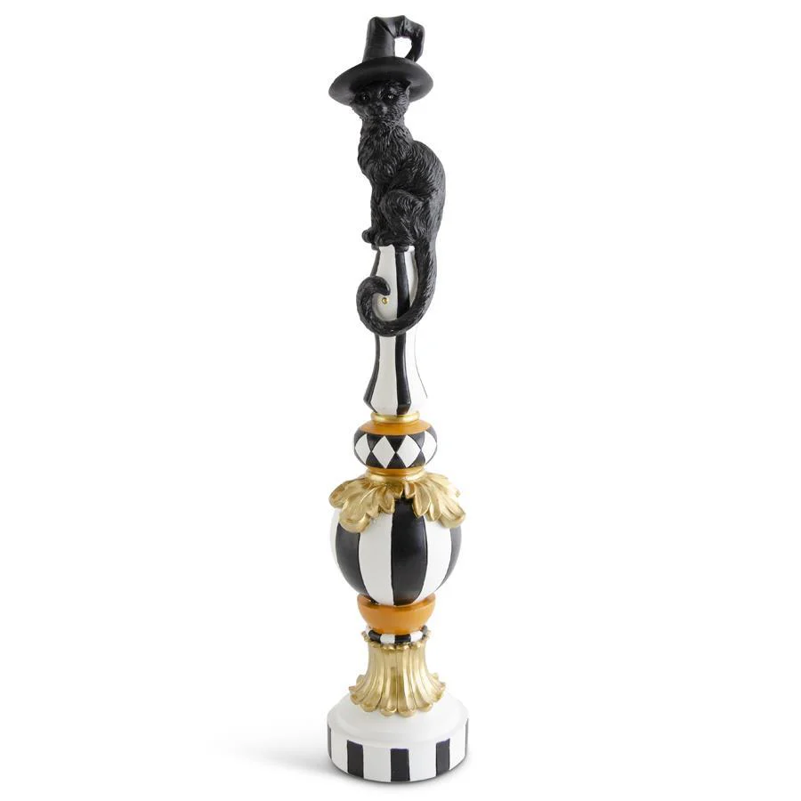 Resin Black White Orange & Gold Finial with Cat Top, 24"