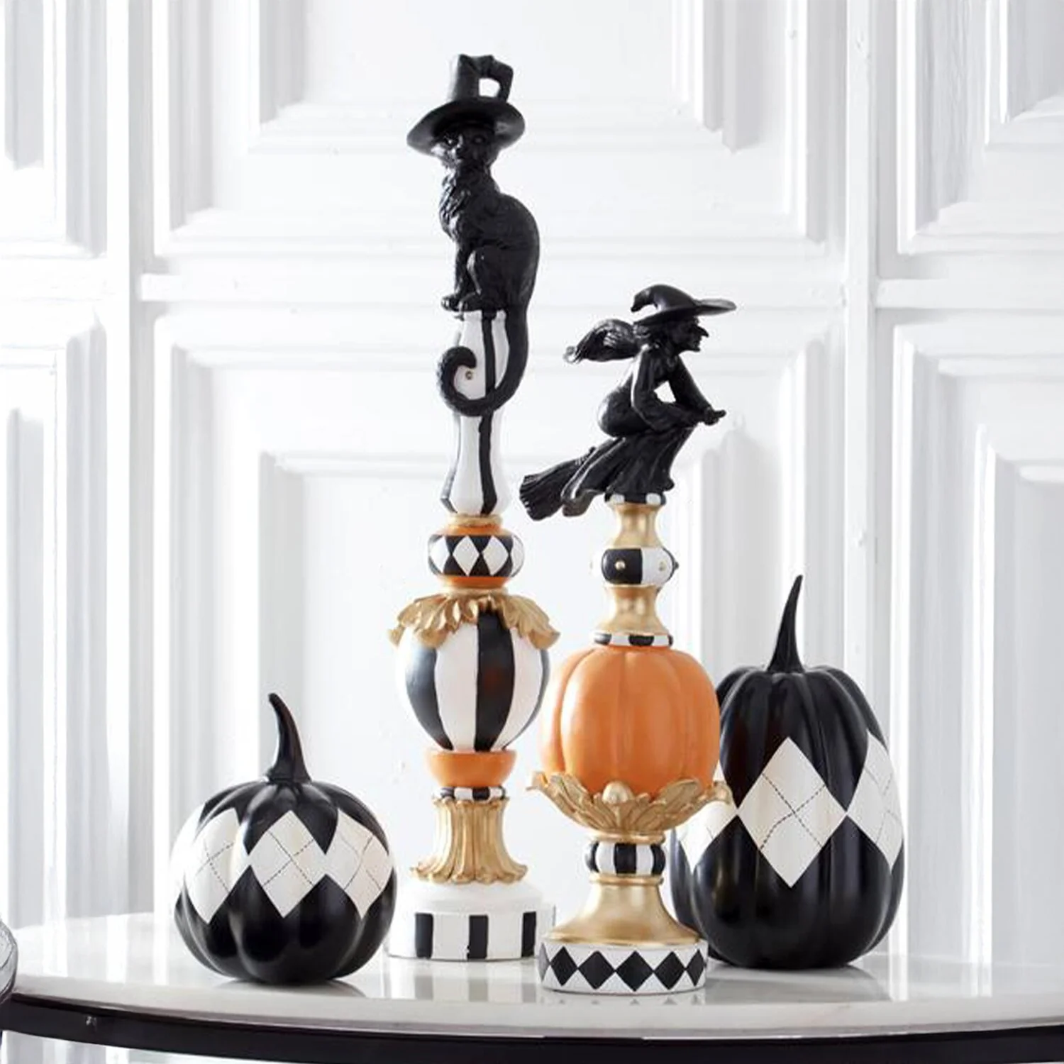 Resin Black White Orange & Gold Finial with Cat Top, 24" - Image 2