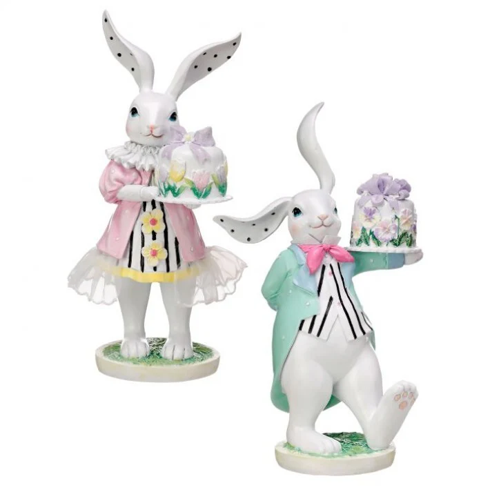 Resin Bunny Figurine W/ Mini Cake, 9" (2 styles - sold individually)