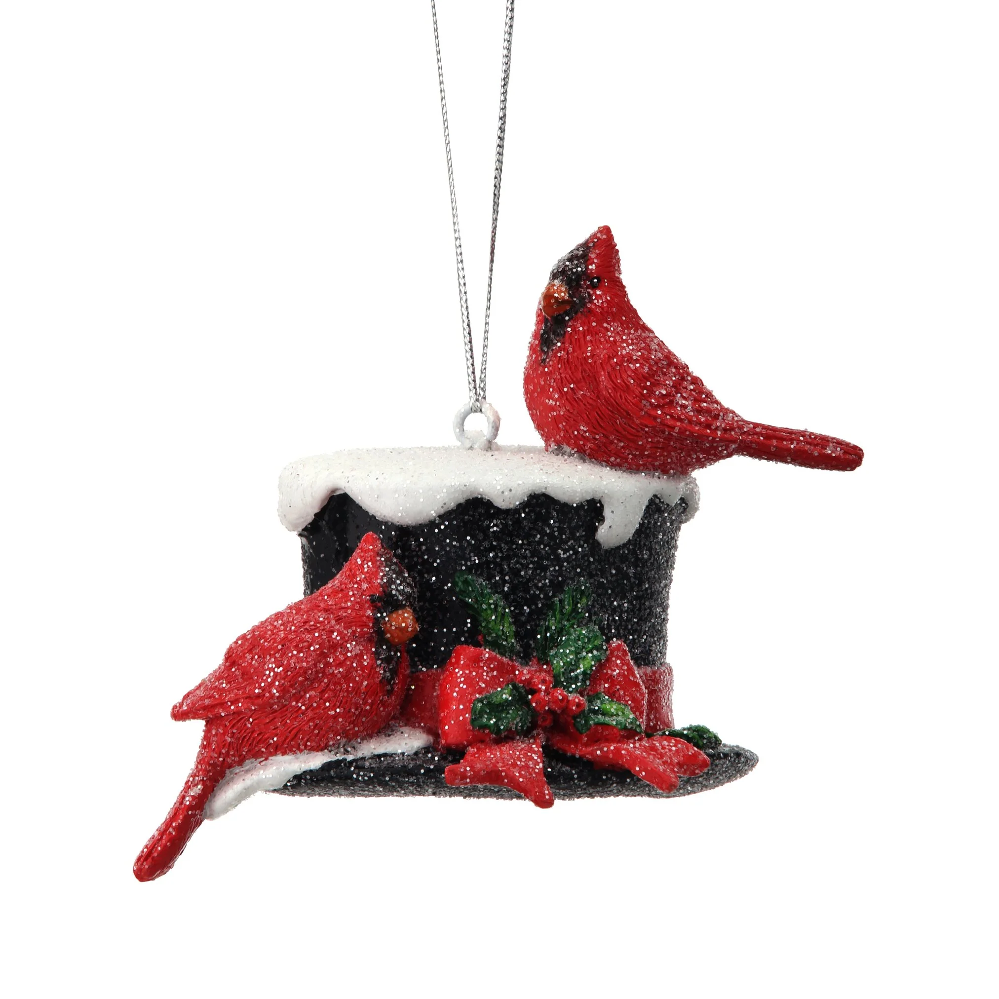 Resin Cardinals on Snowman Hat Ornament, 3"