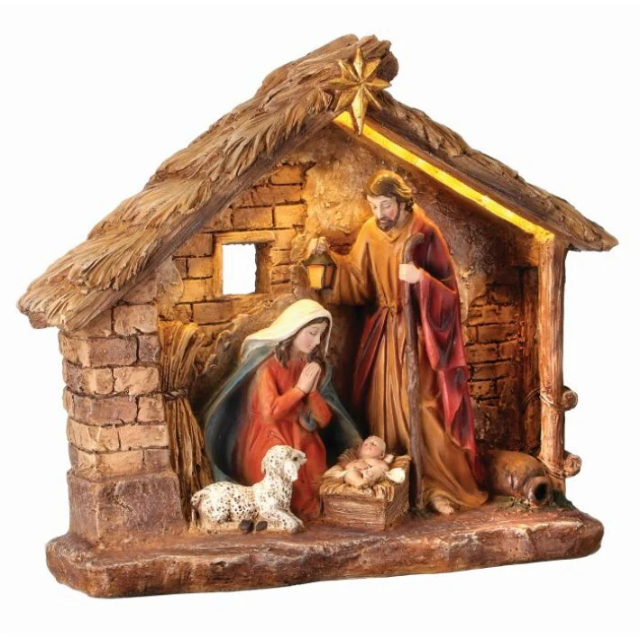 Resin LED Nativity in Crèche, Battery-operated W/ Timer, 16"