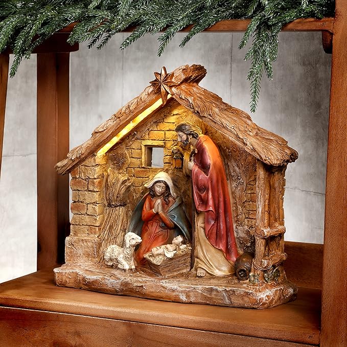 Resin LED Nativity in Crèche, Battery-operated W/ Timer, 16" - Image 2