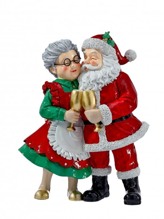 Resin Santa & Mrs Claus W/Champagne Figurine, 10"