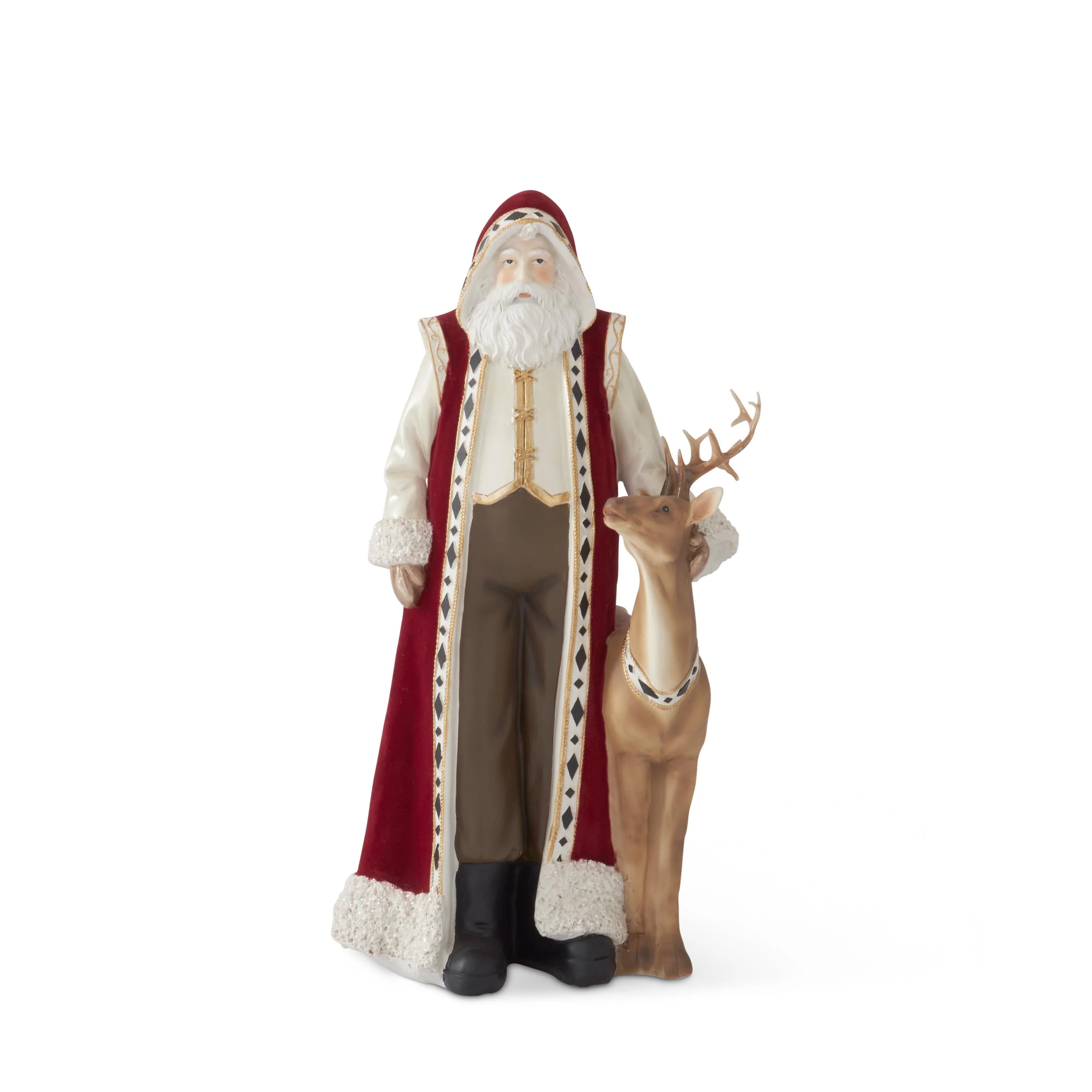 Resin Santa w/ Burgundy Cape & Brown Deer figurine, 15"
