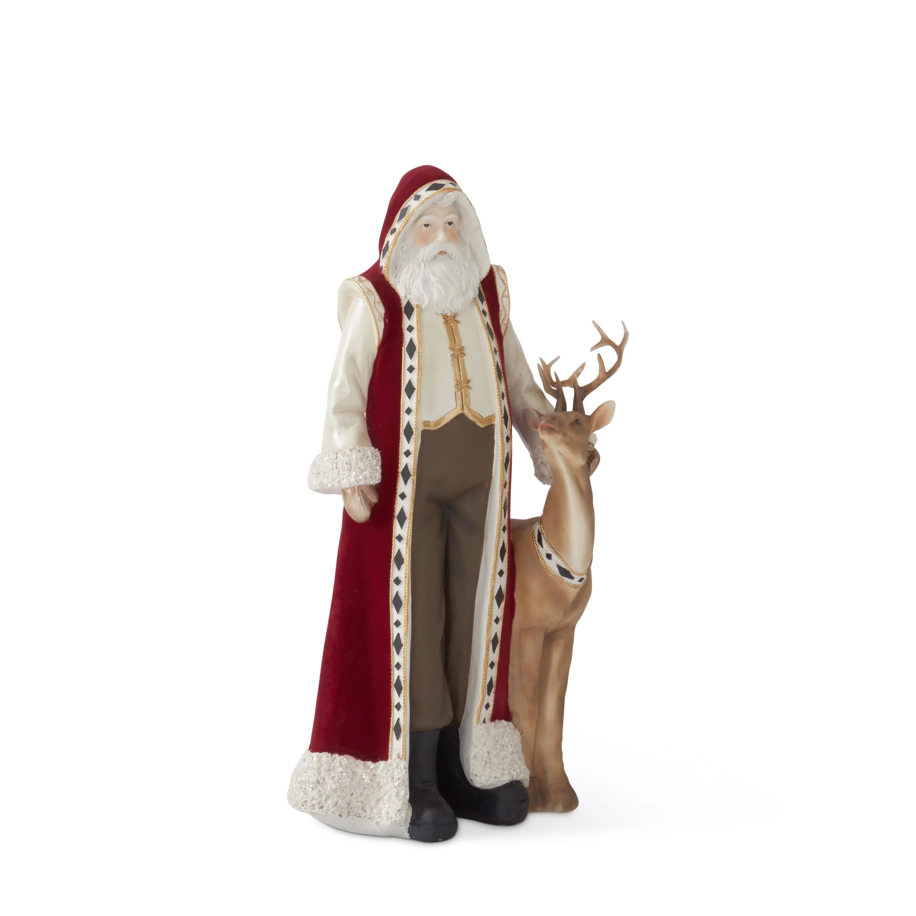 Resin Santa w/ Burgundy Cape & Brown Deer figurine, 15" - Image 2