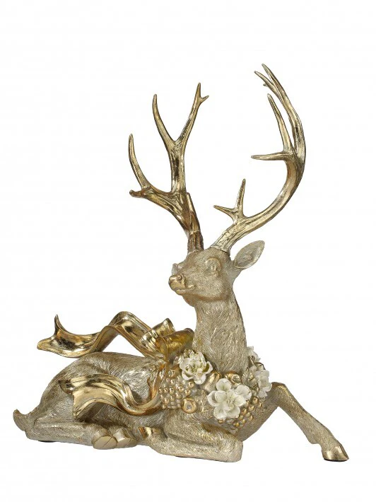 Resin Sitting Deer W/ Magnolia Figurine, 19" (Ivory/Gold)