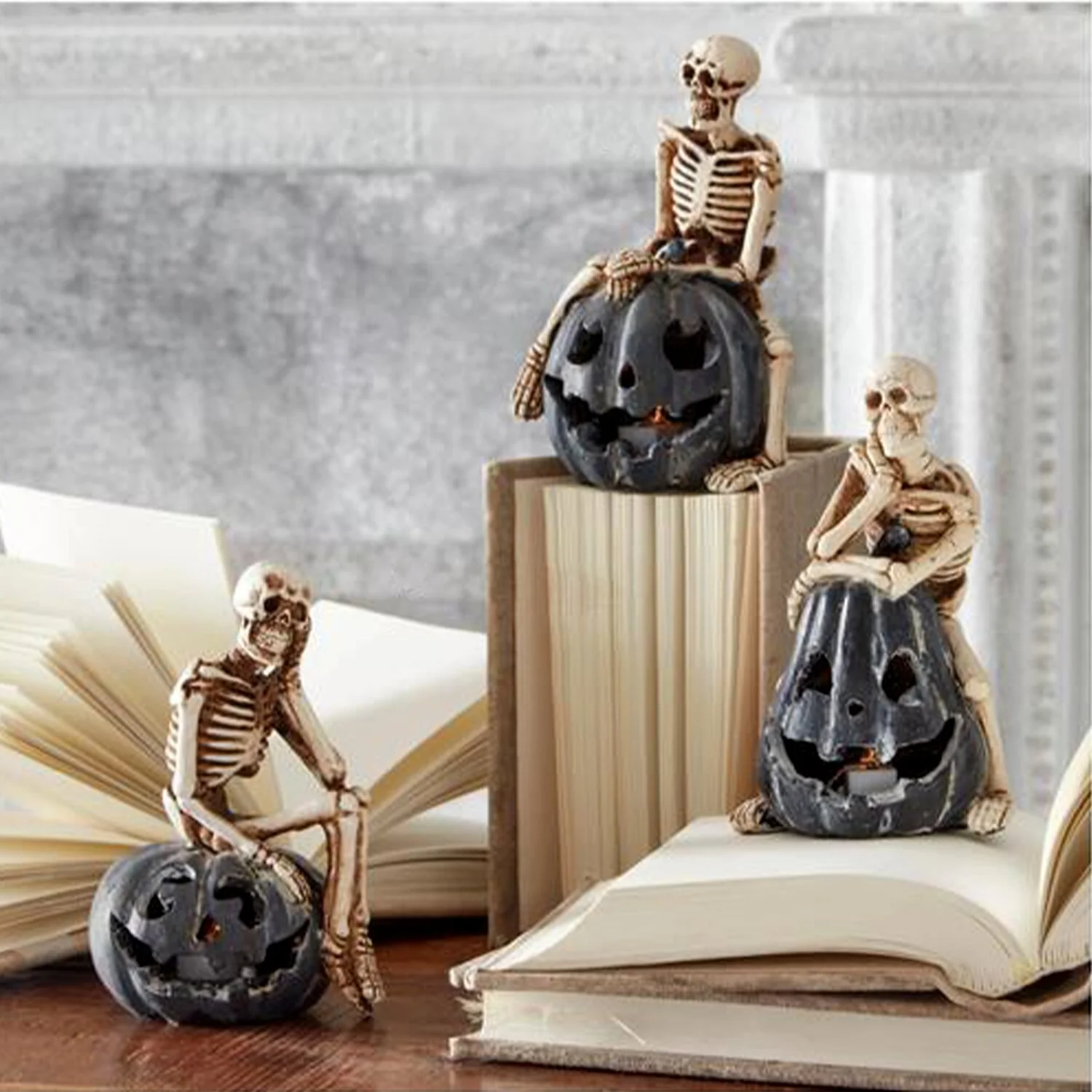 Resin Skeletons on Gray LED Jack-o'-lanterns, 5.5" (3 styles - sold individually) - Image 2