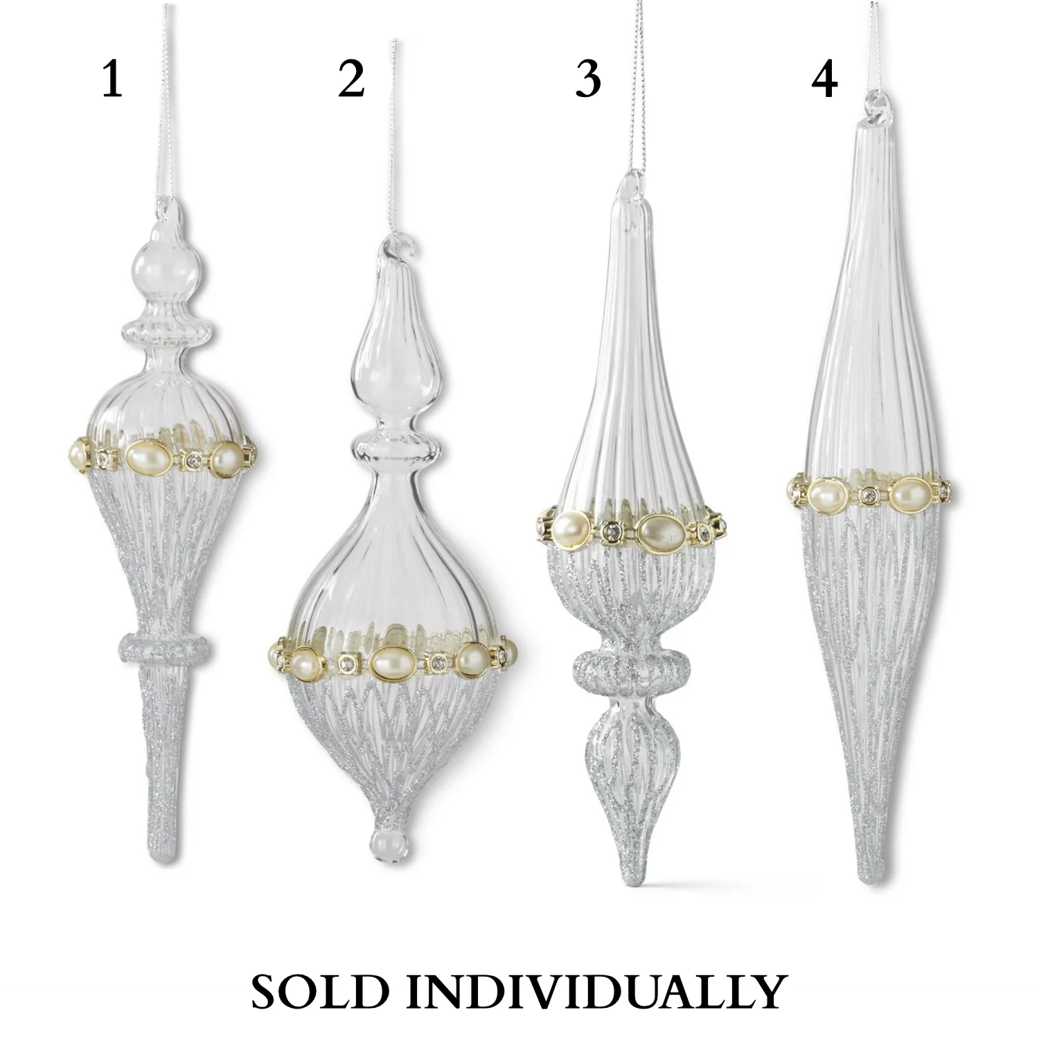 Ribbed Clear Glass & Silver Glitter Ornament (4 styles - sold individually)