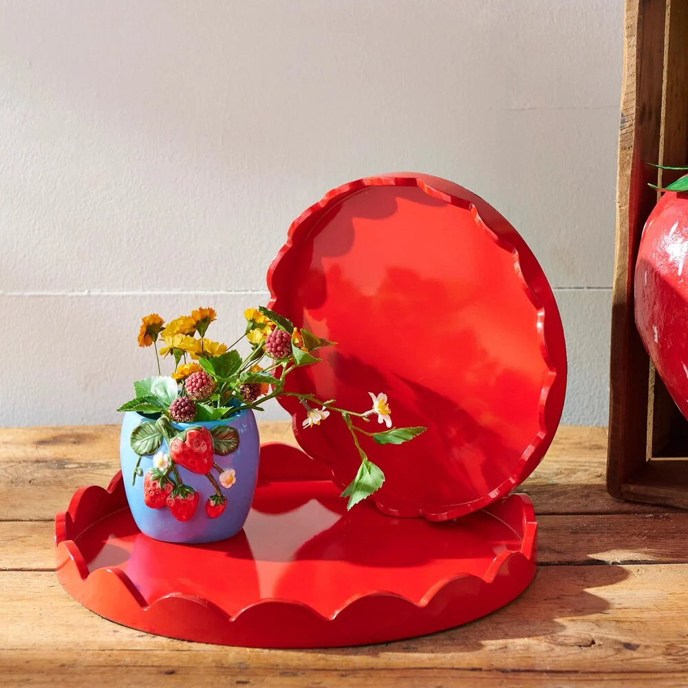 Round Red Scalloped Tray, 16" (Set of 2) - Image 2