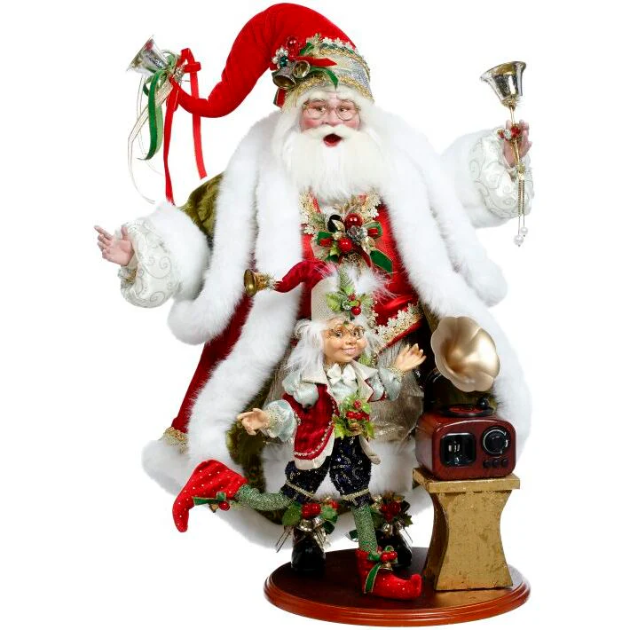 Santa and Elf Playing Records Figurine, 23"