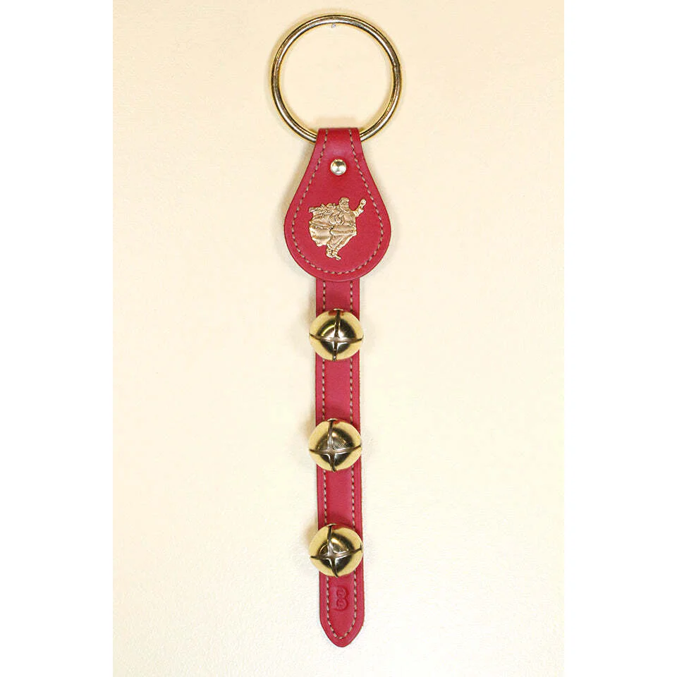 SANTA CHARM above 3 Bells on Leather Strap, 15" (Red)