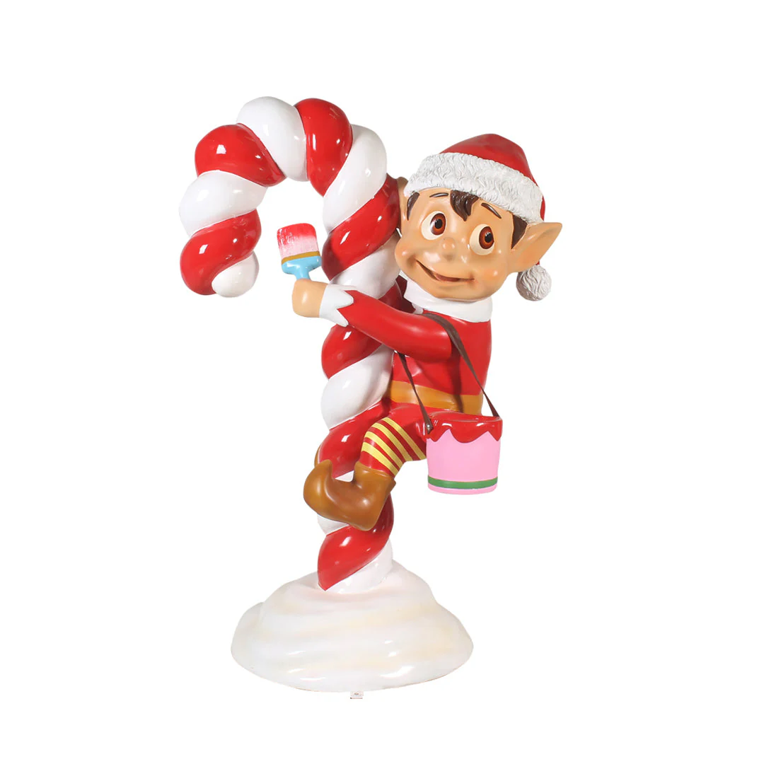 Large Fiberglass Santa Elf on Candy Cane Statue, 47" - Image 3
