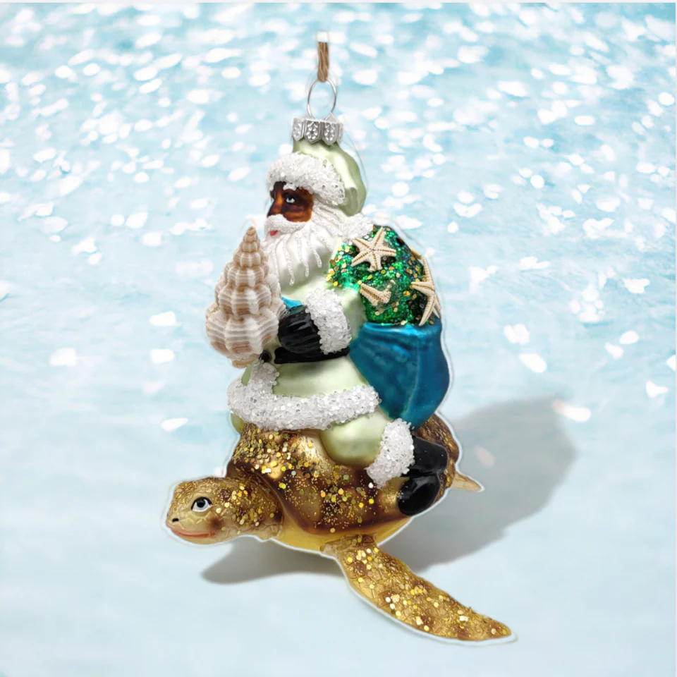 Santa on Gold Turtle Glass Ornament